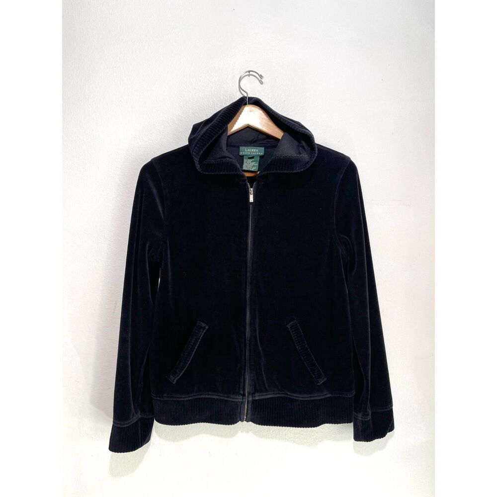 Lauren ralph Lauren hooded sweatshirt VTG black velour velvet casual women M